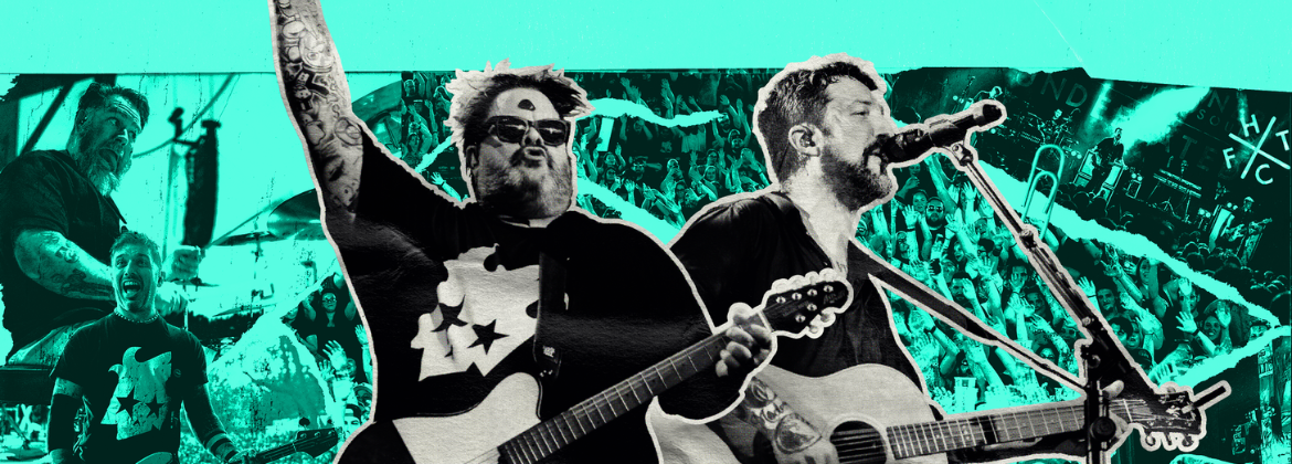 Bowling for Soup band member holding guitar with hand in the air, next to Frank Turner singing into microphone