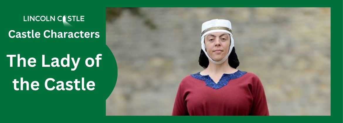 A photograph of a reenactor dressed as Lady Nicholaa de la Haye to advertise an event called The Lady of the Castle