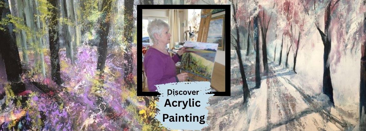 Acrylic painting of nature with the  artist photo in the middle