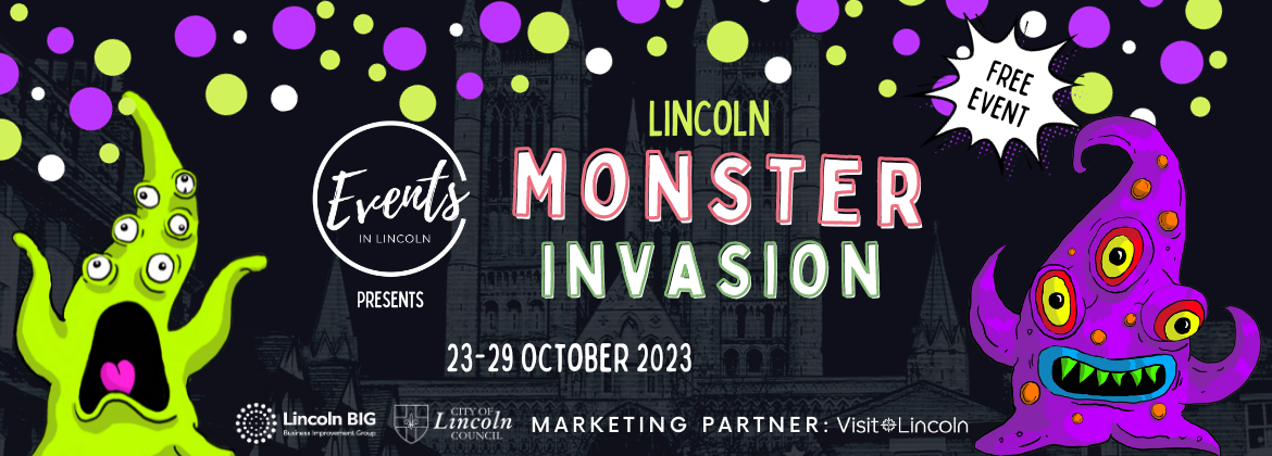 Cartoon monsters on a black background with purple and green circles. Lincoln Monster Invasion