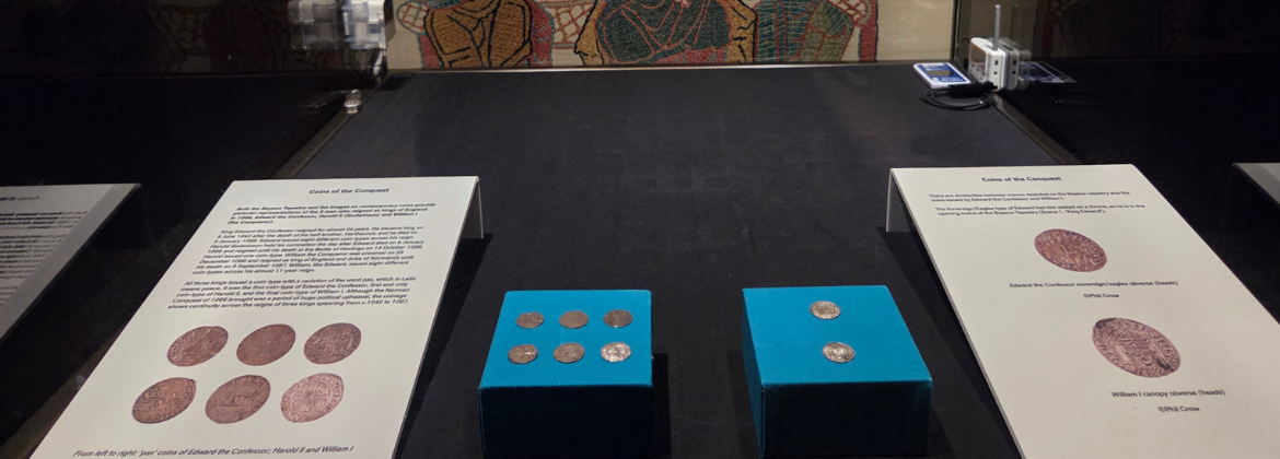 Medieval coins on display in the Coins of the Conquest exhibition at Lincoln Castle.