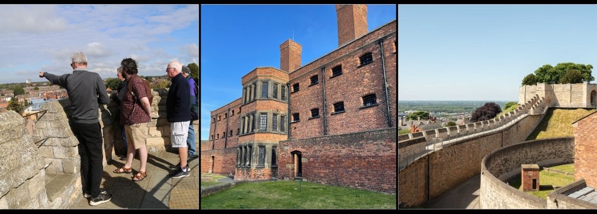 The image shows three photographs. The first shows a Lincoln Castle guide on the Medieval Walls with a group of visitors. The second shows the Victorian Prison. The third shows part of the Castle Walls with Lucy Tower.