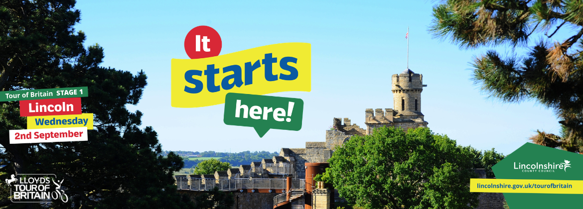 Photograph of Lincoln Castle advertising that the Tour of Britain 'Starts Here' on Wednesday 2 September