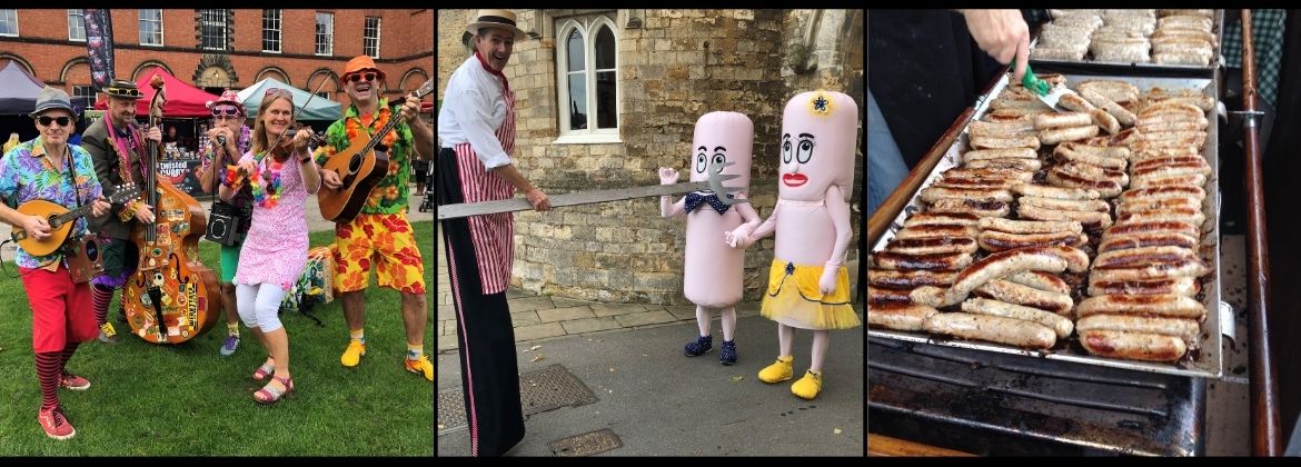 Three-panel collage promoting the Lincoln Sausage Festival at Lincoln Castle, featuring colourful musicians, sausage mascots with a chef, and sausages cooking on an outdoor grill.