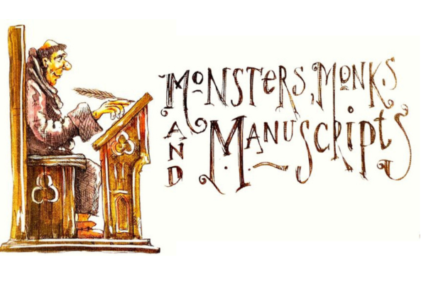 Illustration of a medieval monk sitting down, with text that says 'monsters, monks and manuscripts'