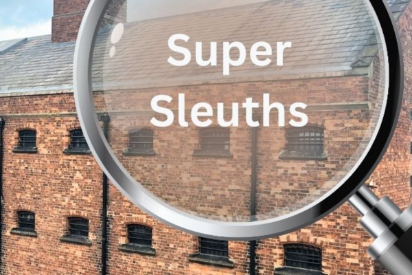 Image of Lincoln Castle Victorian prison exterior with a magnifying glass over the top with 'super sleuths' written inside.
