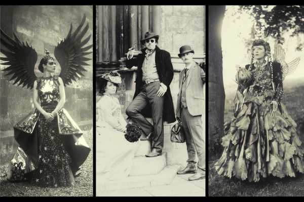 Triptych of black and white photos showing people in vintage and fantasy costumes, including wings and ornate dresses.