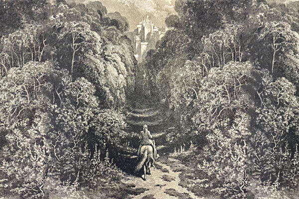 Illustration of a lone horseman riding through a forested valley with a castle in the distance